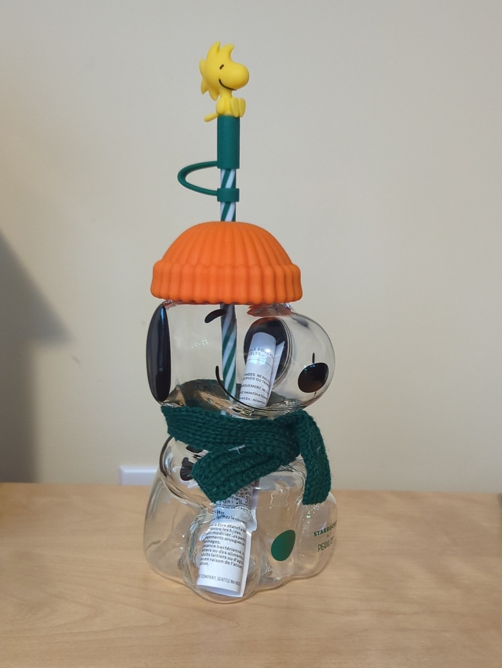 Starbucks Snoopy Glass Snowman Tumbler – Orange Hat, Green Scarf